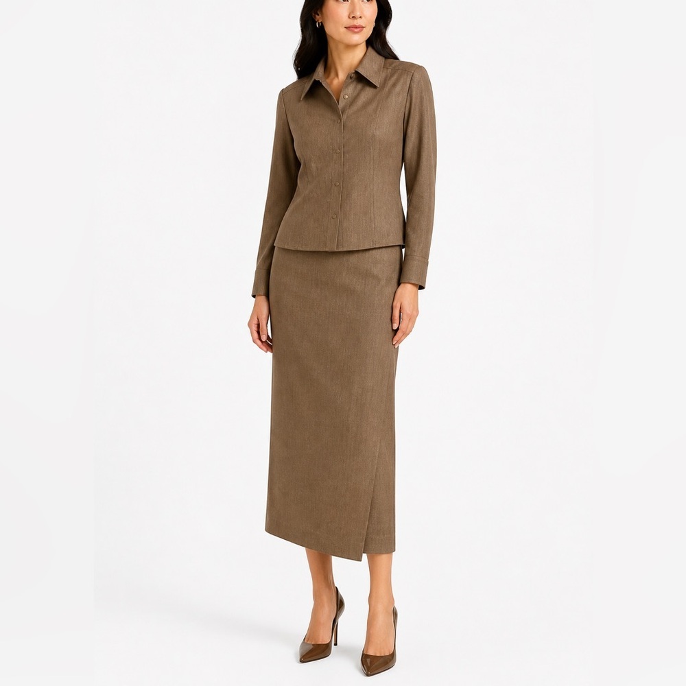 Carlisle Vintage Wool Skirt Suit Set Taupe Brown Size 8 Jacket Pencil Skirt